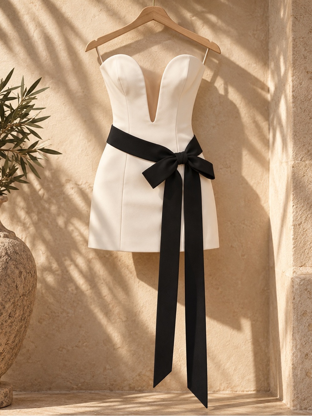 Oh Polly Neva Ivory Black Bow Strapless Mini Dress US 0